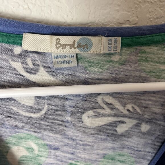 Boden Slub Jersey Dress Size 14 Blue Green White Floral V-Neck Short Sleeve 228 - Picture 3 of 7